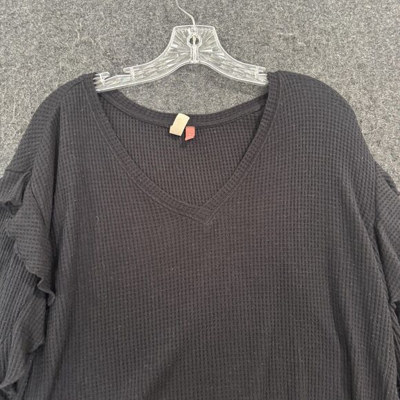 Pilcro Shirt Women's Medium Black Waffle Knit Ruffle Sleeve V Neck Top Blouse - Picture 2 of 8